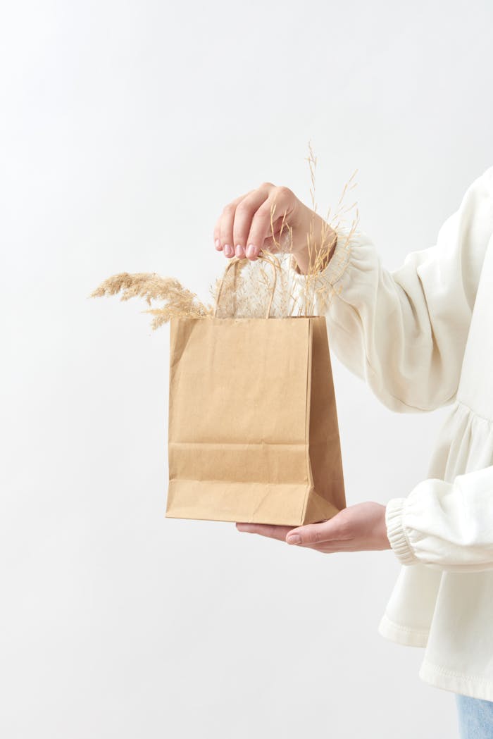 Elegant close-up of a hand holding a kraft paper bag with decorative dry grass against a white background.