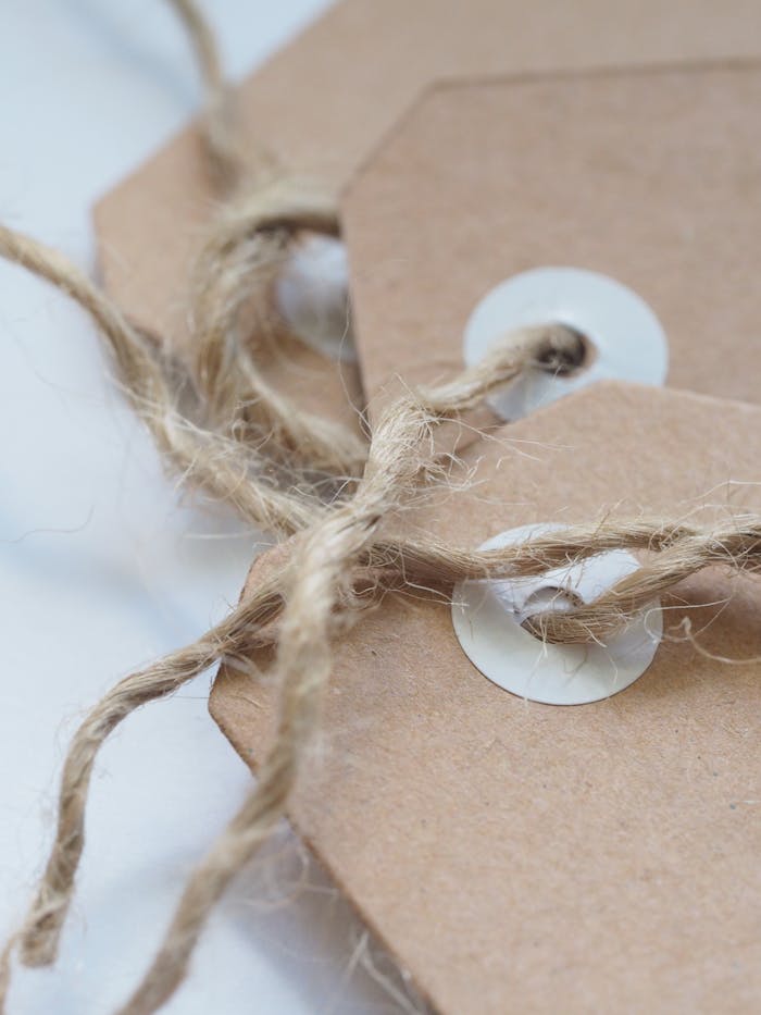 Close-up image of brown cardboard tags tied with twine, showcasing texture.