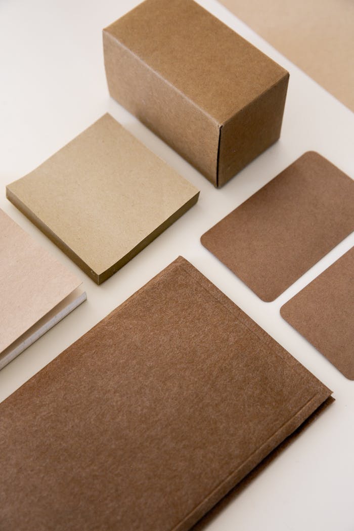 Geometric arrangement of kraft paper stationery products showcased in a minimalist style.